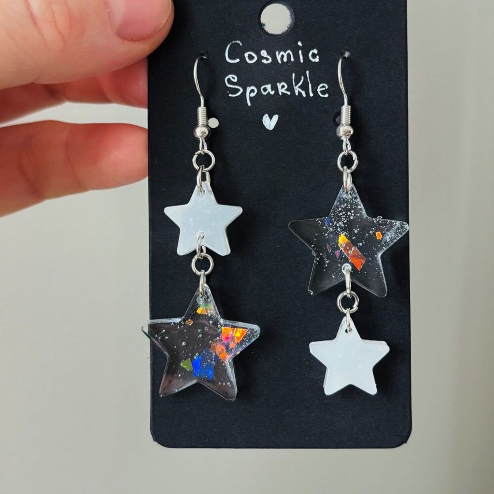 Star Resin Dangle Earrings with Holographic Glitter and Silver Hooks